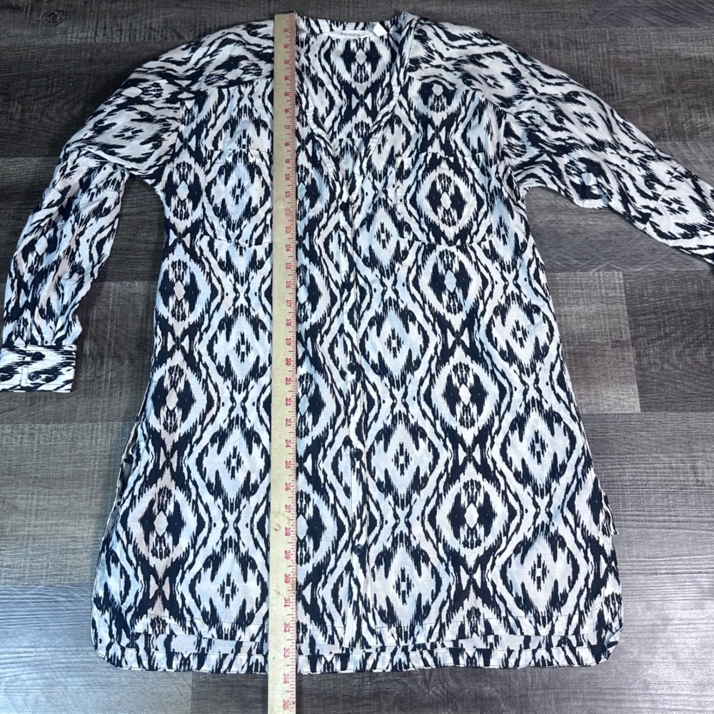 Athleta Printed Kaftan Tunic Top Women's M Black White Ikat Cotton Silk Blend - Picture 4 of 8